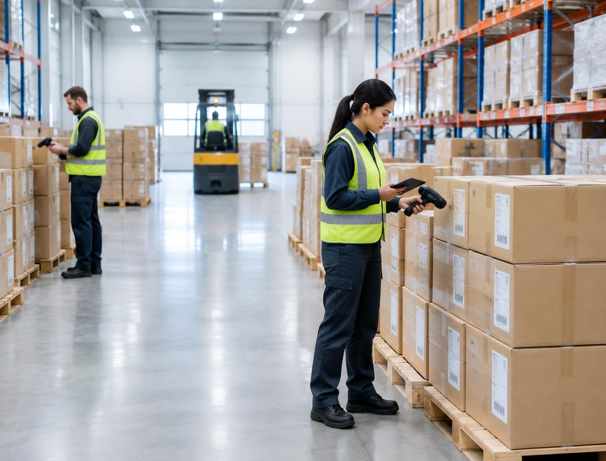 Packages being scanned in a shipping warehouse